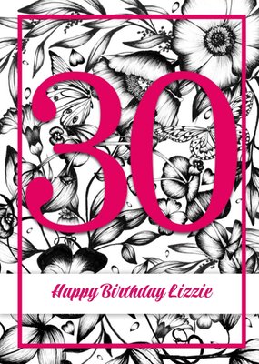 Monochrome Flowers Happy 30Th Birthday Card