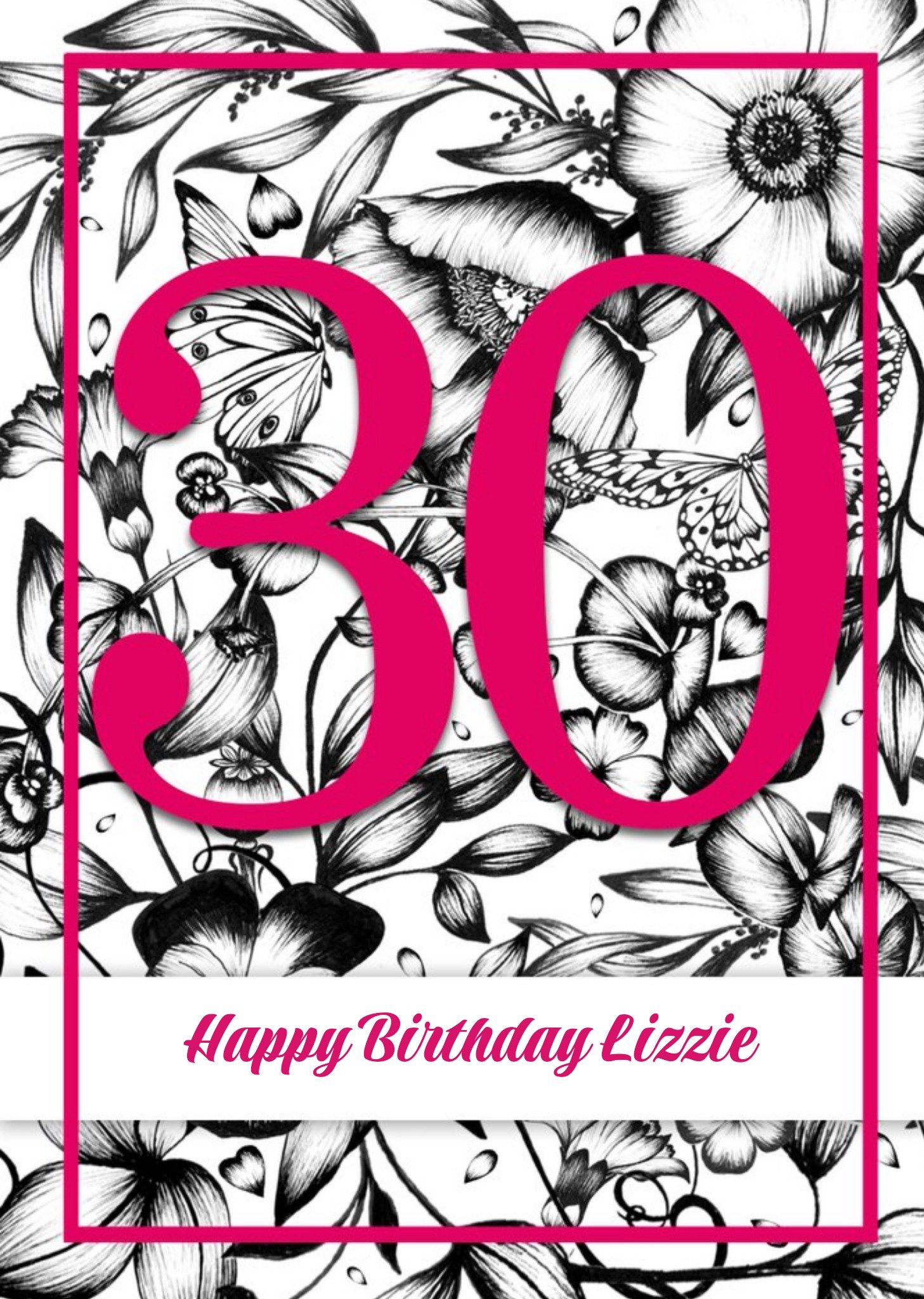 Monochrome Flowers Happy 30th Birthday Card Ecard