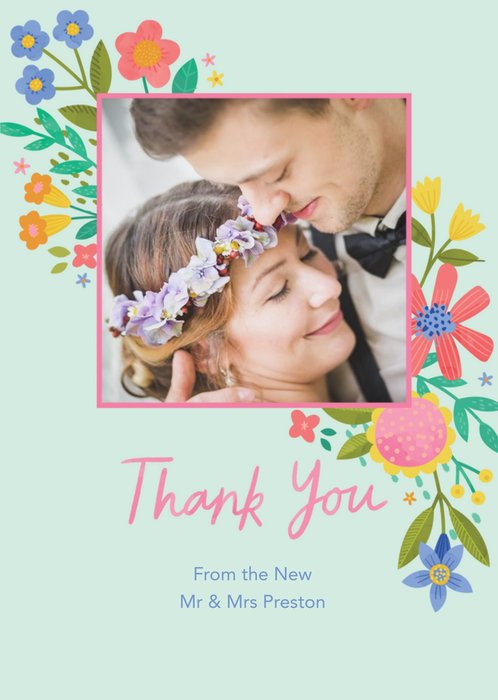 Illustrated Floral Design Wedding Photo Upload Thank You Card