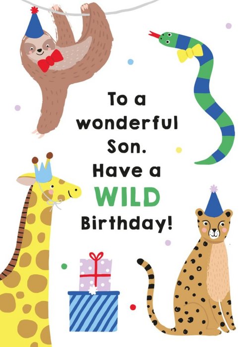 Illustrated Cute Party Animals To a Wonderful Son Have A Wild Birthday Card