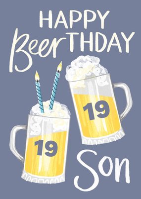 Illustrated Beer Drinking Themed 19th Birthday Card For Your Son By Okey Dokey Design