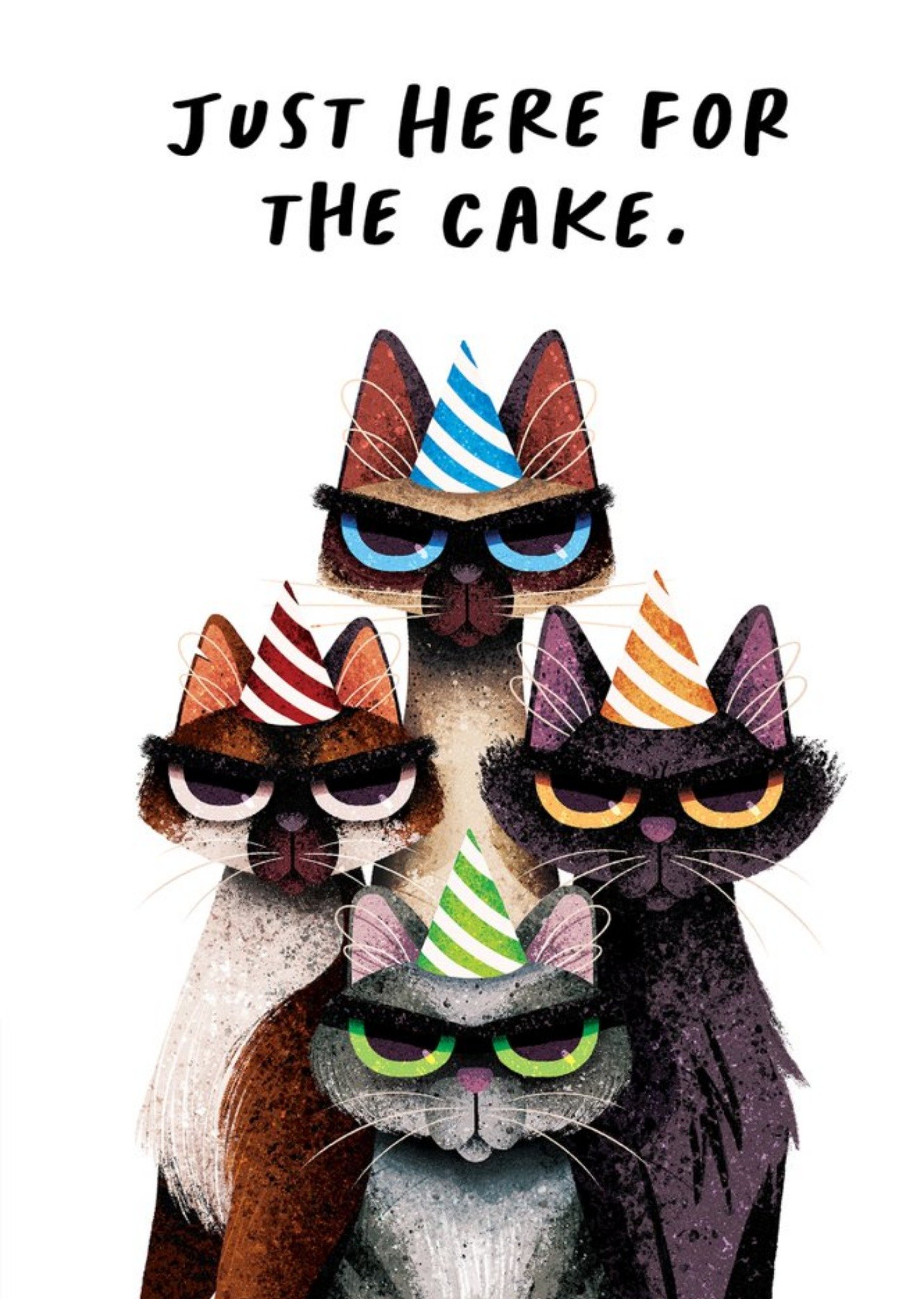 Moonpig Folio Illustration Of Four Cats Wearing Party Hats. Just Here For The Cake Birthday Card, La
