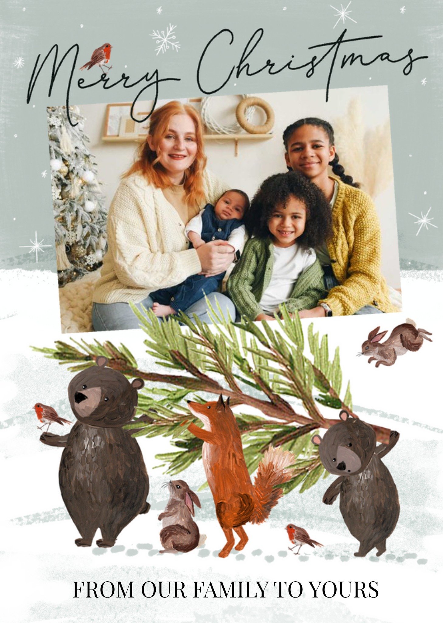 Moonpig Adorable Illustration Of Animals Carrying A Christmas Tree Photo Upload Christmas Card Ecard