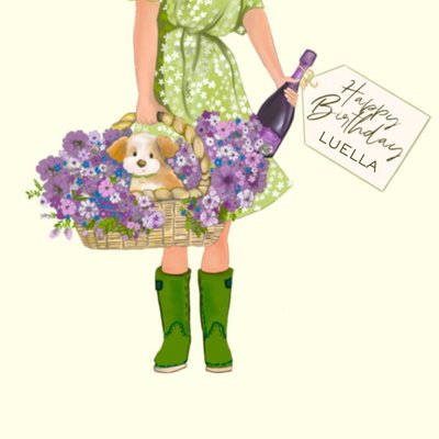 Illustration Of A Lady With Flowers And Wine Happy Birthday Card