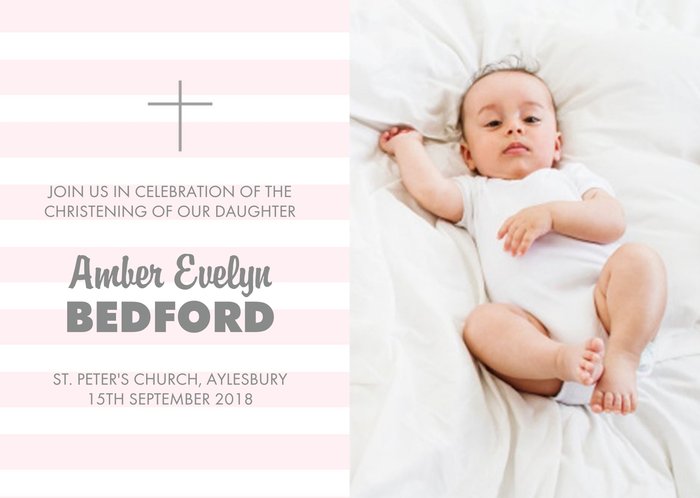 Pink Striped Photo Upload Personalised Christening Invitation