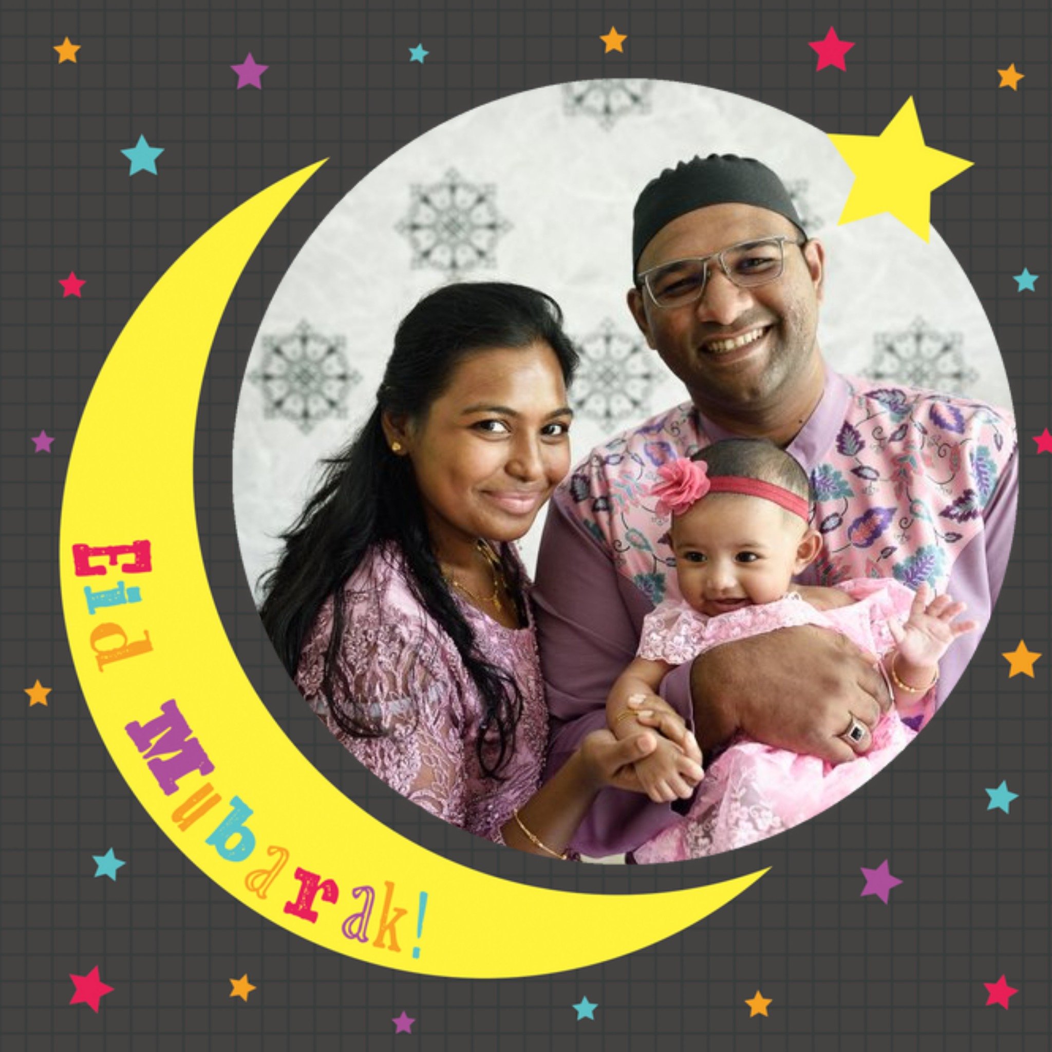 Cartoon Stars And Moon Eid Mubarak Photo Card, Square