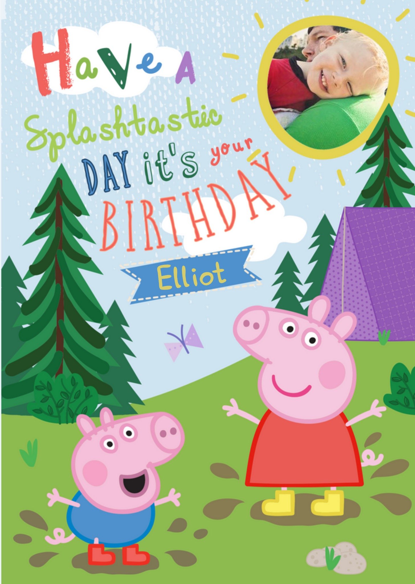 Peppa Pig In The Woods Personalised Name And Photo Birthday Card, Large