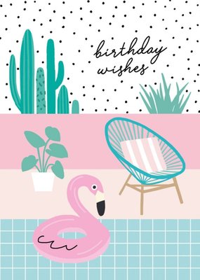 Colourful Pool And Flamingo Birthday Wishes Card