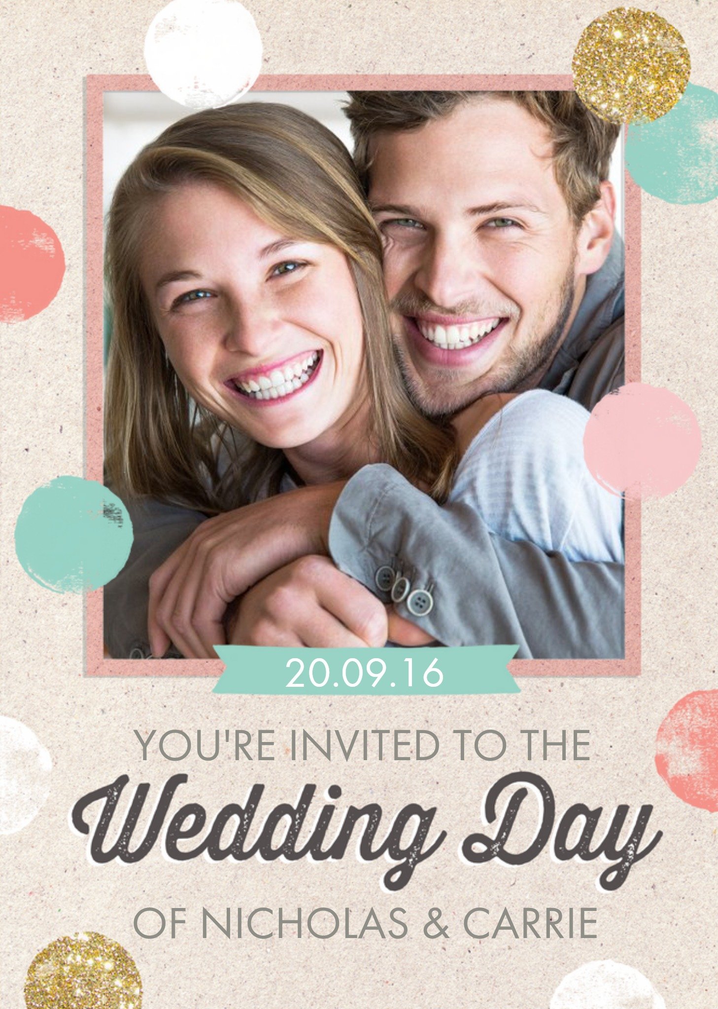 Moonpig Pastel Spots And Glitter Dots Personalised Photo Upload Wedding Invite Card Ecard