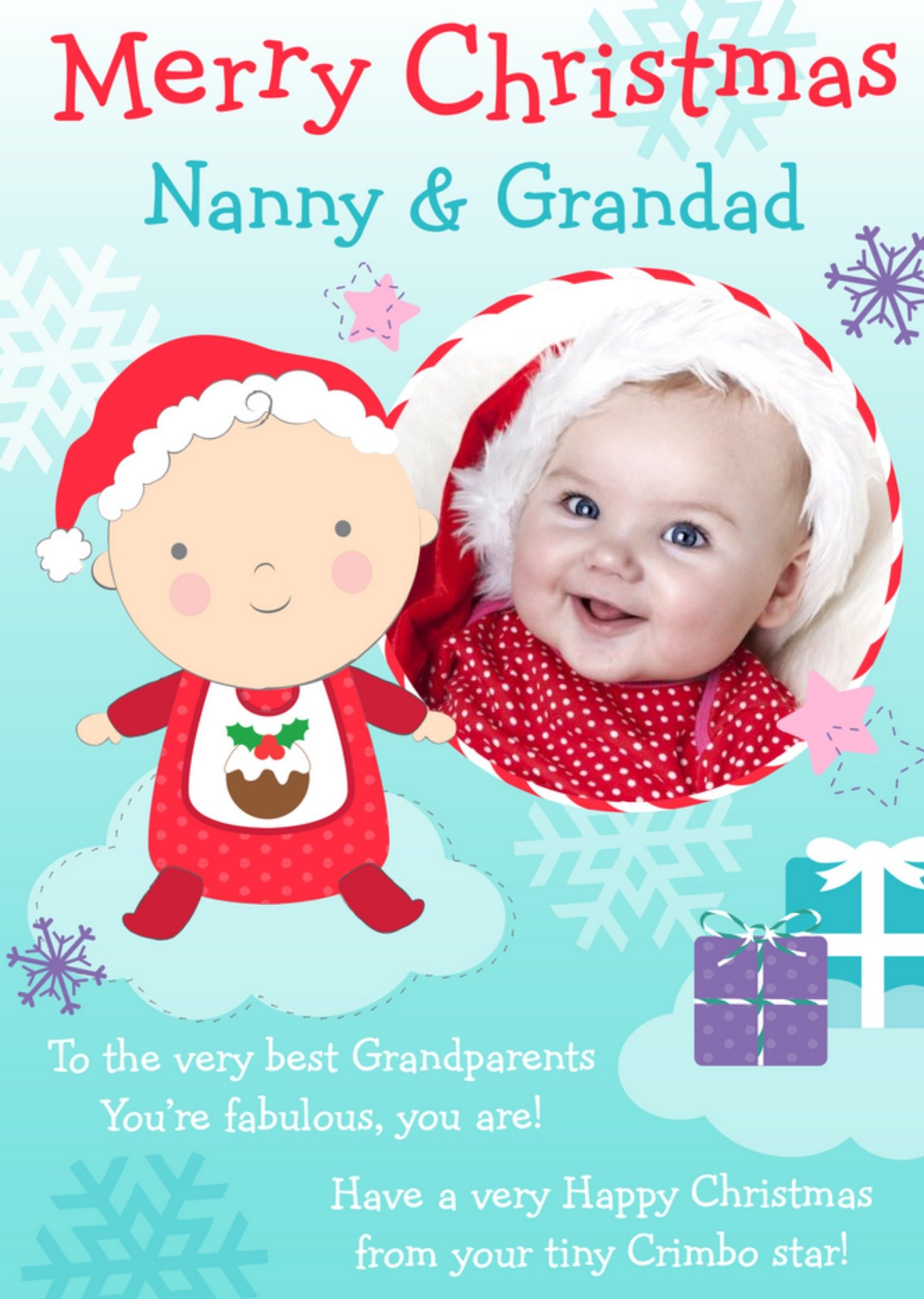 Moonpig Baby And Clouds Nanny And Grandad Personalised Photo Upload Christmas Card Ecard