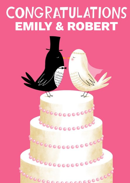 Pink Illustrated Birds Wedding Congratulations Card