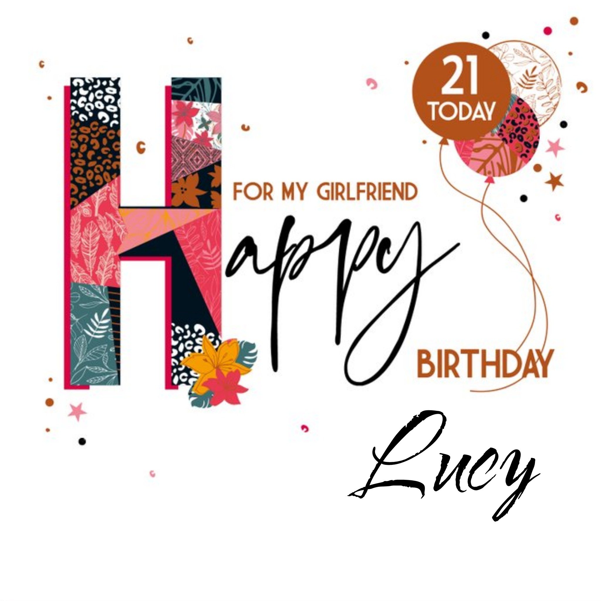 Ling Design Decorative Typography With A Floral Pattern Girfriend Twenty First Birthday Card, Large