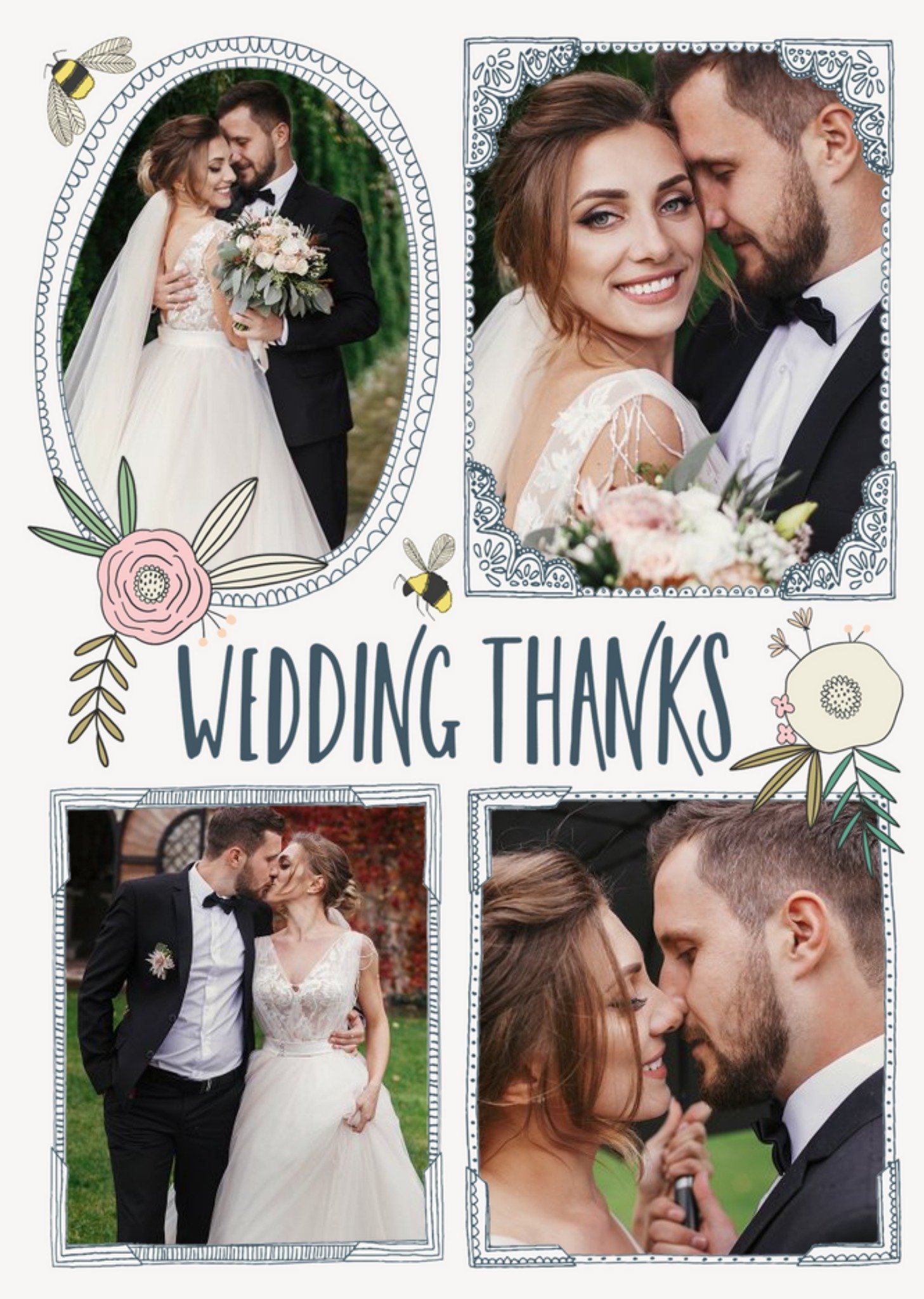 Floral Photo Upload Wedding Thanks Cards - Traditional Flowers And Bumblebee