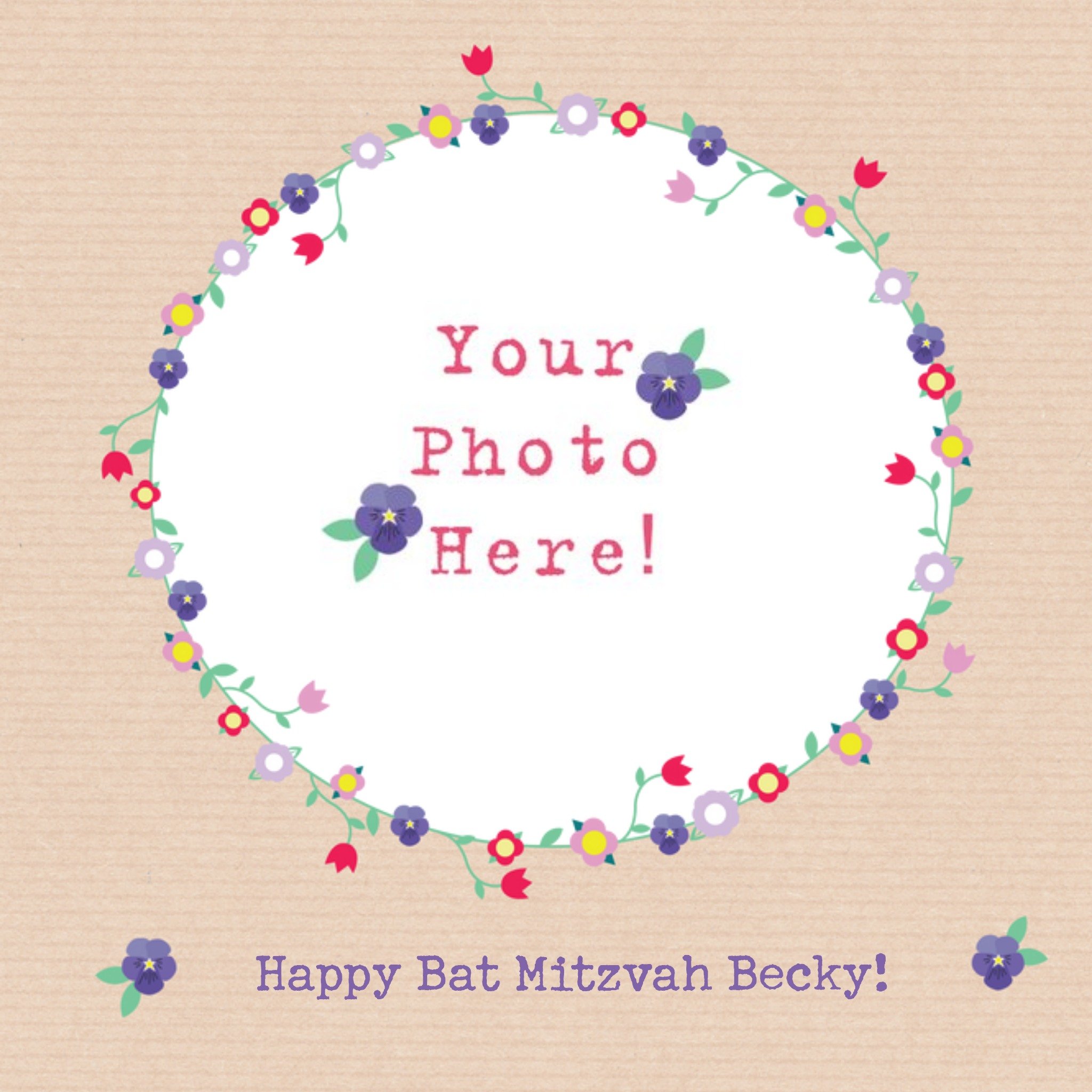 Moonpig Floral Border Happy Bat Mitzvah Photo Card, Square