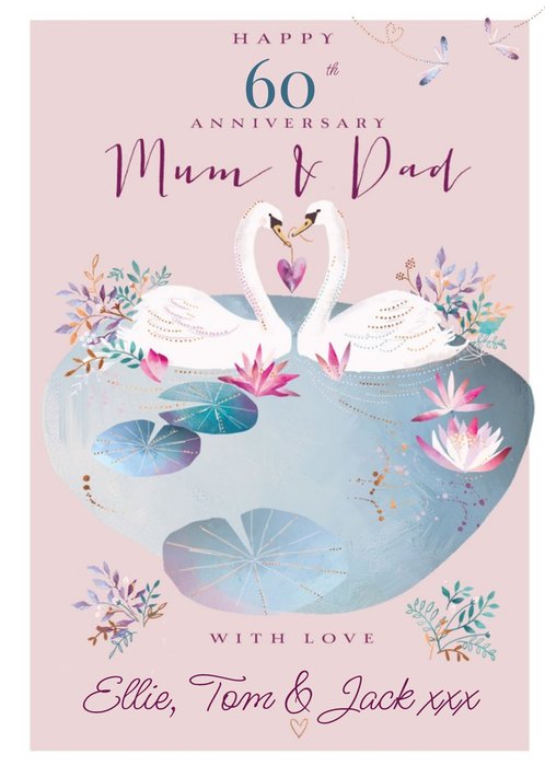 Ling Design Illustrated Swans 60th Anniversary Editable Card 