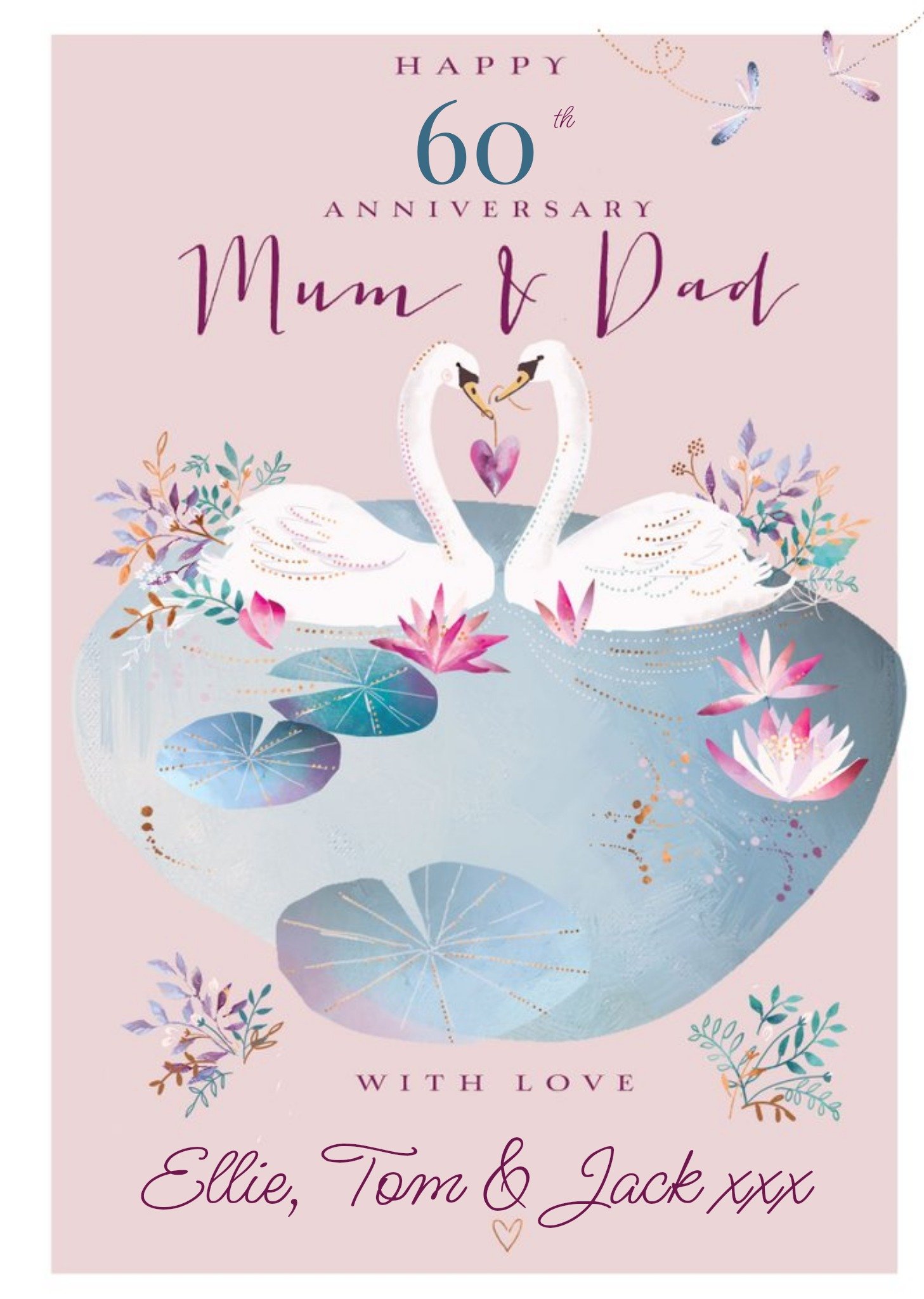 Ling Design Illustrated Swans 60th Anniversary Editable Card Ecard