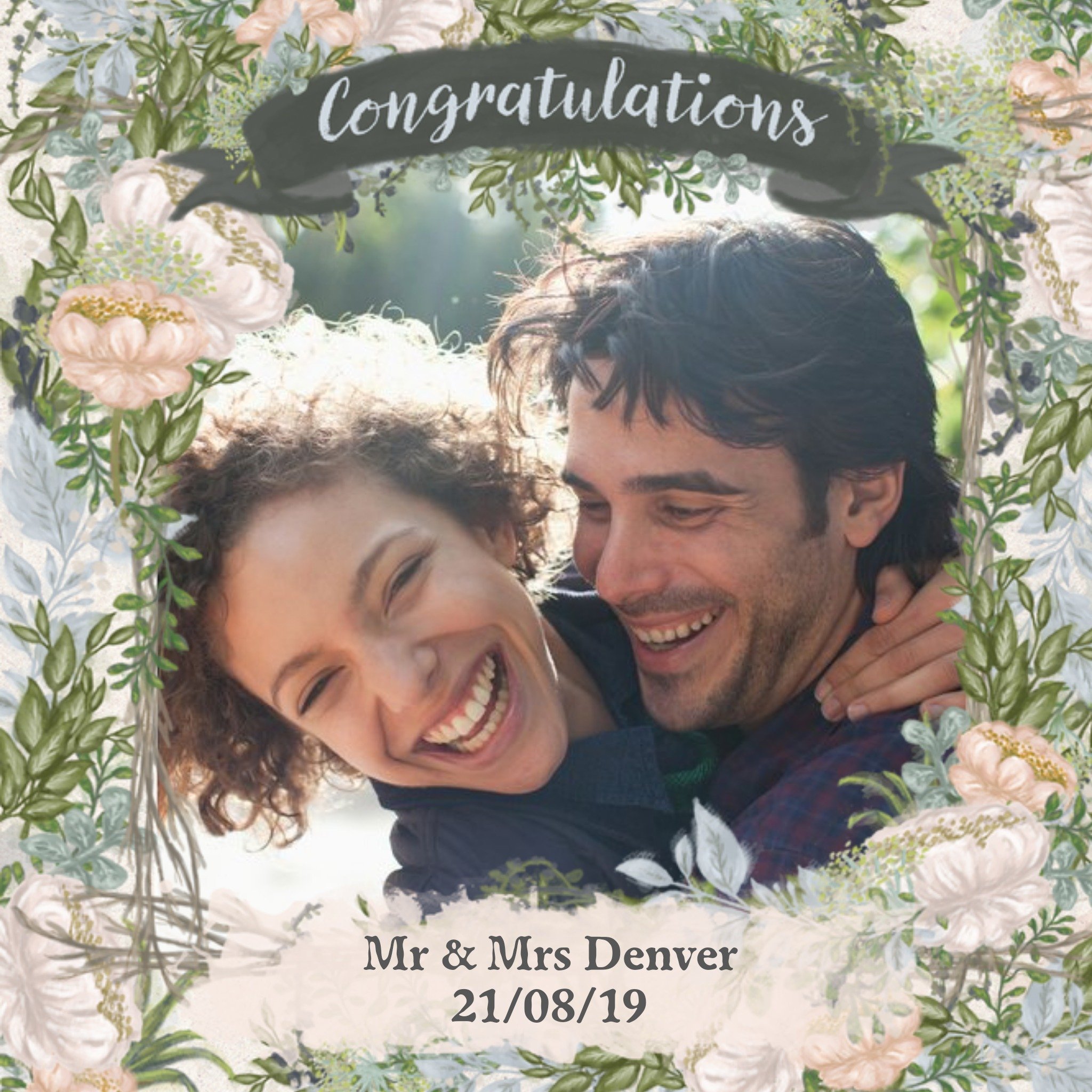 Wedding Card - Photo Upload - Congratulations - Newly Weds - Floral, Square