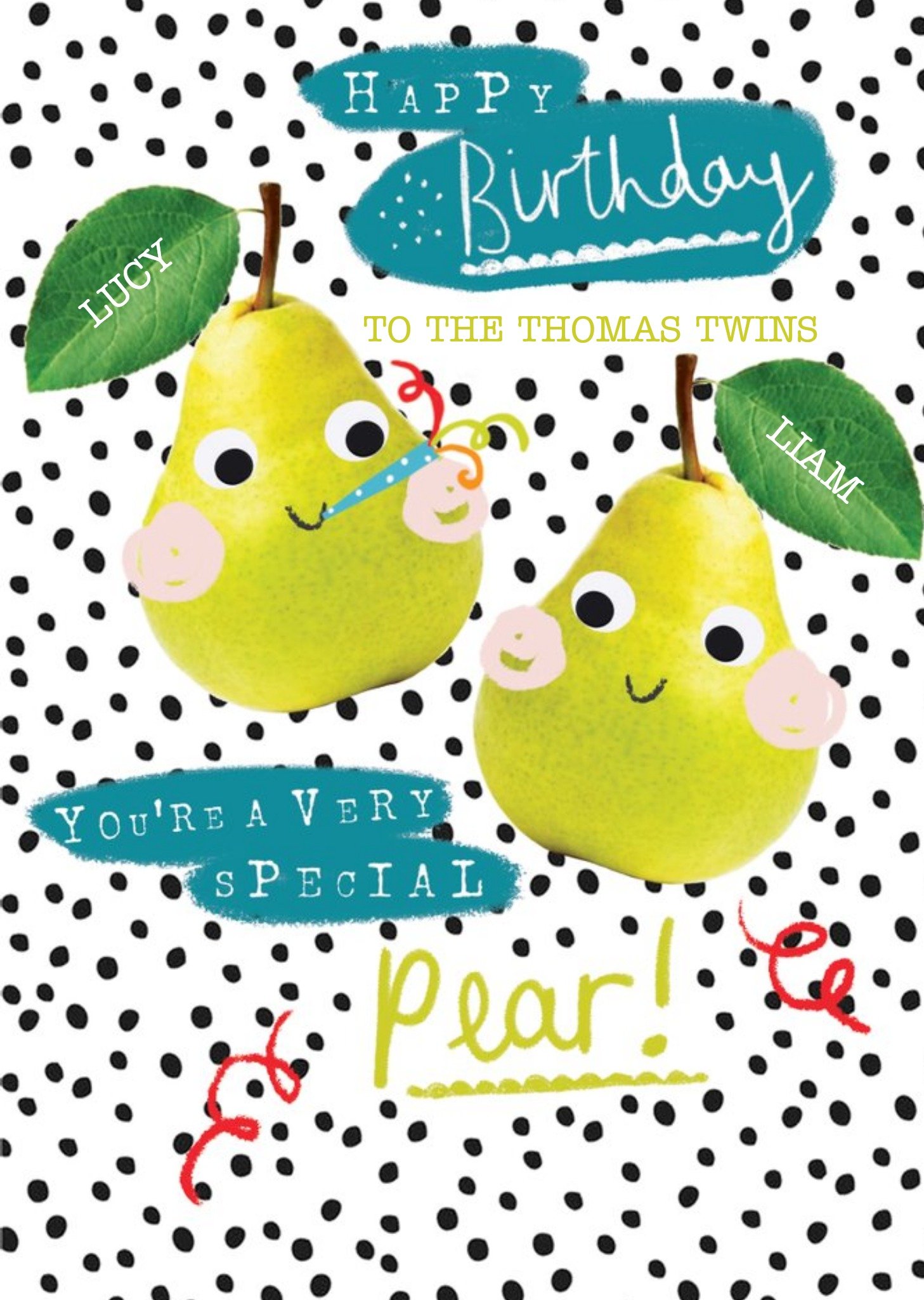 Clintons Illustrated Pears Pun Customisable Twins Birthday Card Ecard