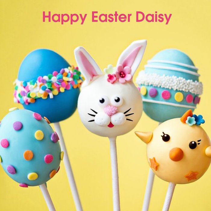 Bunny, Chick And Eggs Lollipops Personalised Happy Easter Card