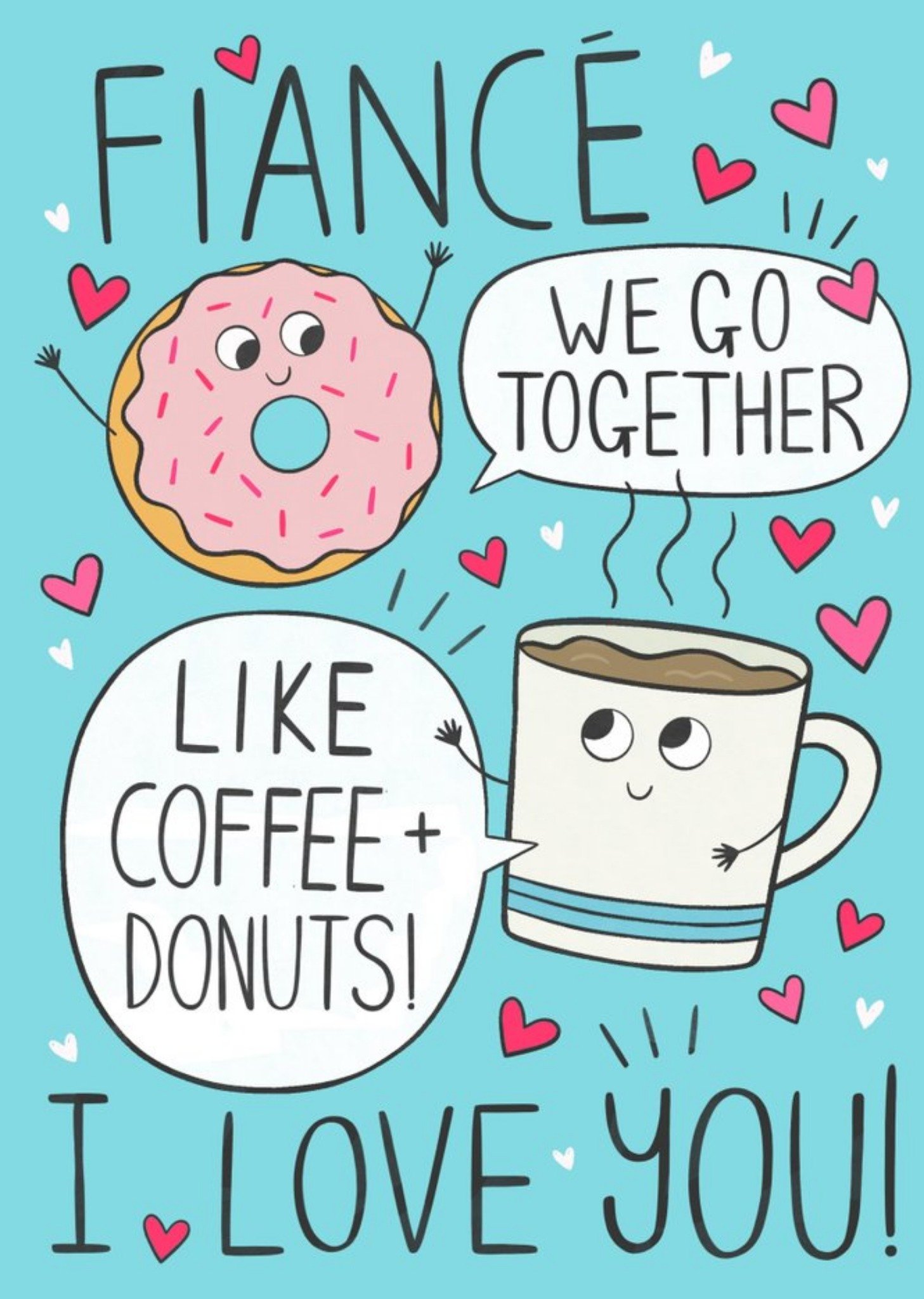 Cartoon Illustration Of Donut And Cee Mug Characters Fiancé's Anniversary Card