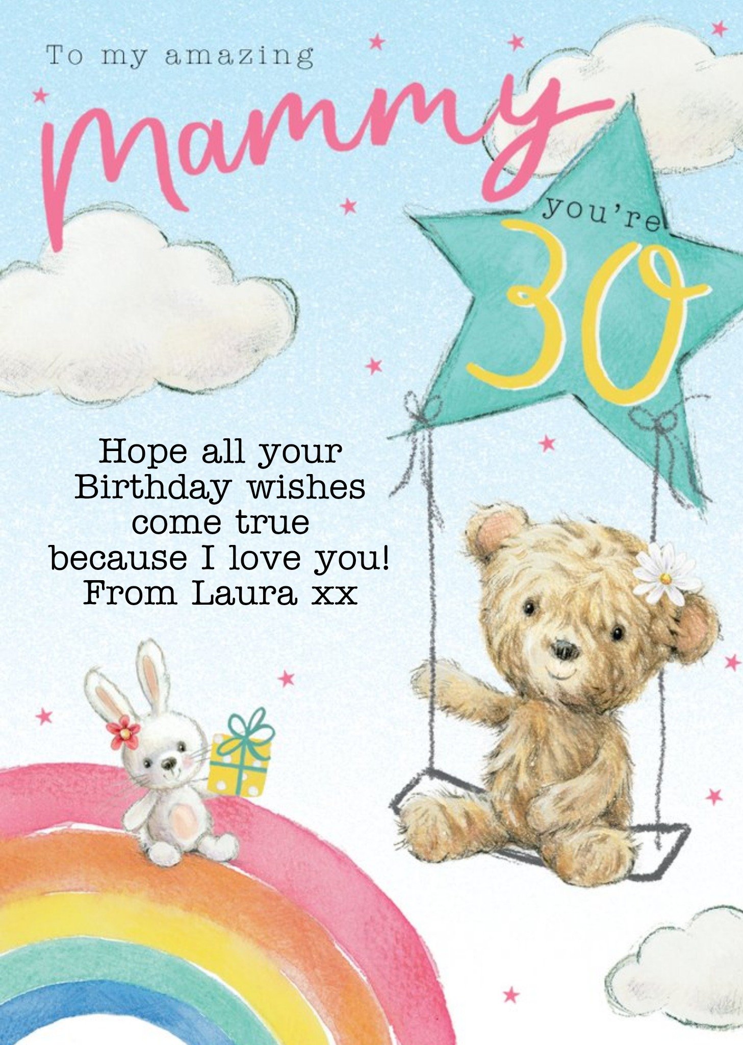 Clintons Illustrated Rainbow Teddy Bear Mammy 30th Birthday Card Ecard