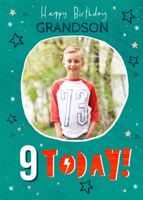 Typographic With Stars Happy Birthday Grandson Personalise Age Photo Upload Card