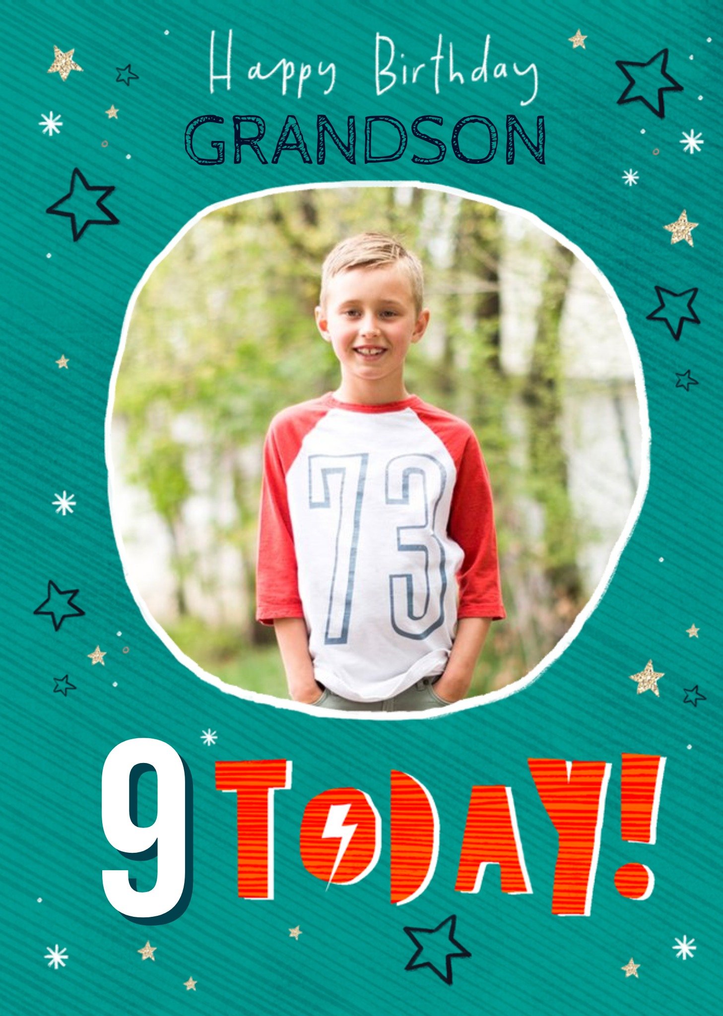 Moonpig Typographic With Stars Happy Birthday Grandson Personalise Age Photo Upload Card, Large