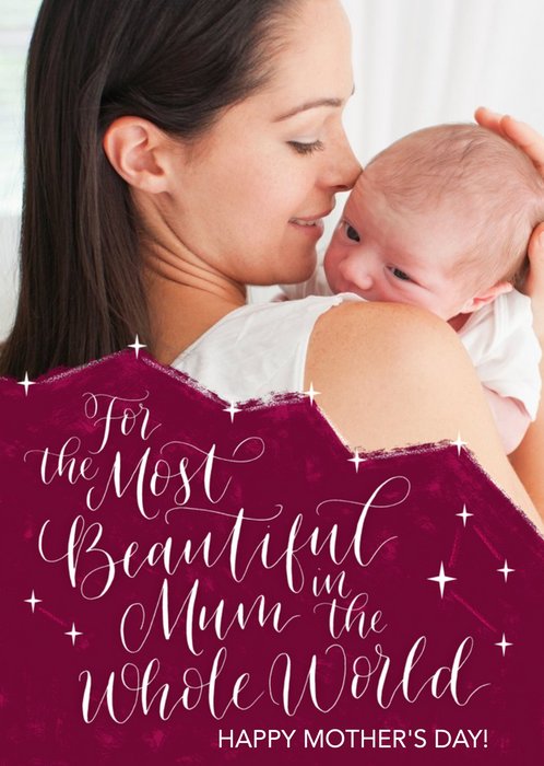 Mother's Day Card - Most Beautiful Mum in the World - Photo Upload Card - Calligraphy