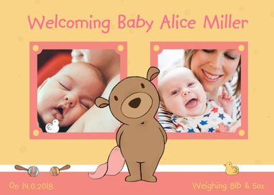 Darling Bear New Baby Girl Photo Card