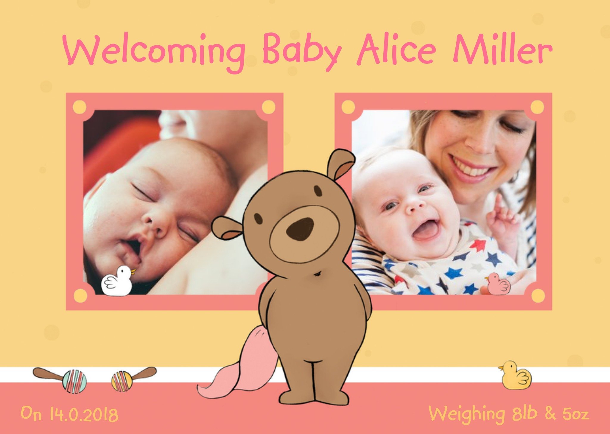 Darling Bear New Baby Girl Photo Card Ecard