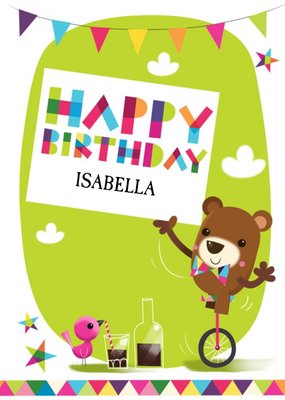 Circus Bear On Unicycle Personalised Happy Birthday Card