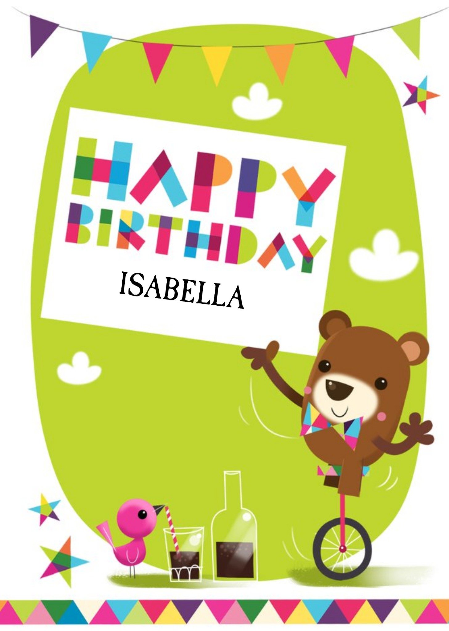 Circus Bear On Unicycle Personalised Happy Birthday Card Ecard