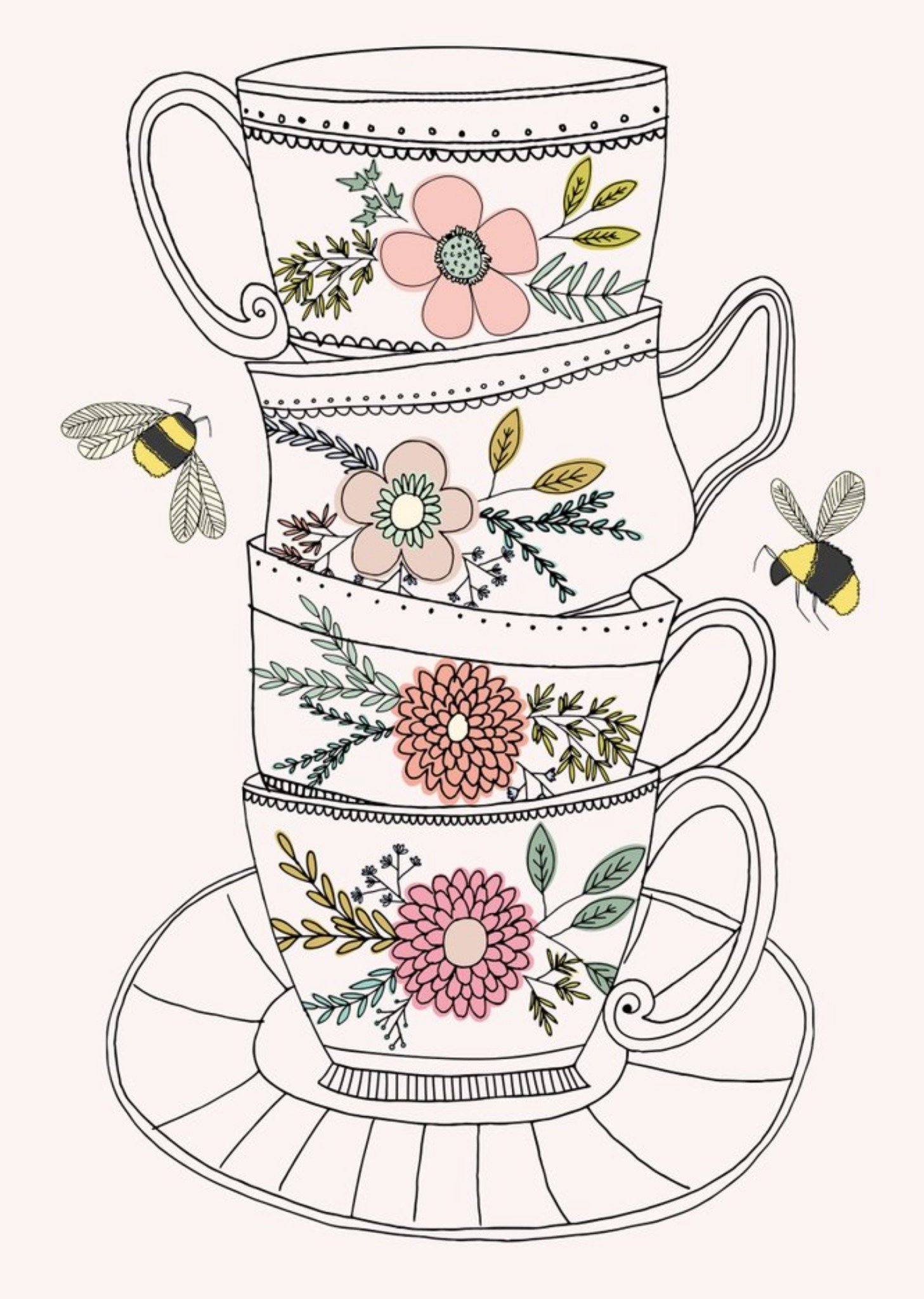 Moonpig Pretty Flowers And Bees Illustrated Tea Cups Postcard