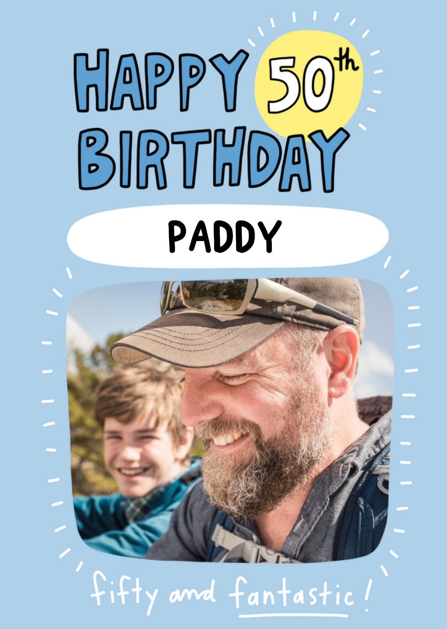 Moonpig Bold And Blue With Fun Typography Fiftieth Birthday Photo Upload Card, Large