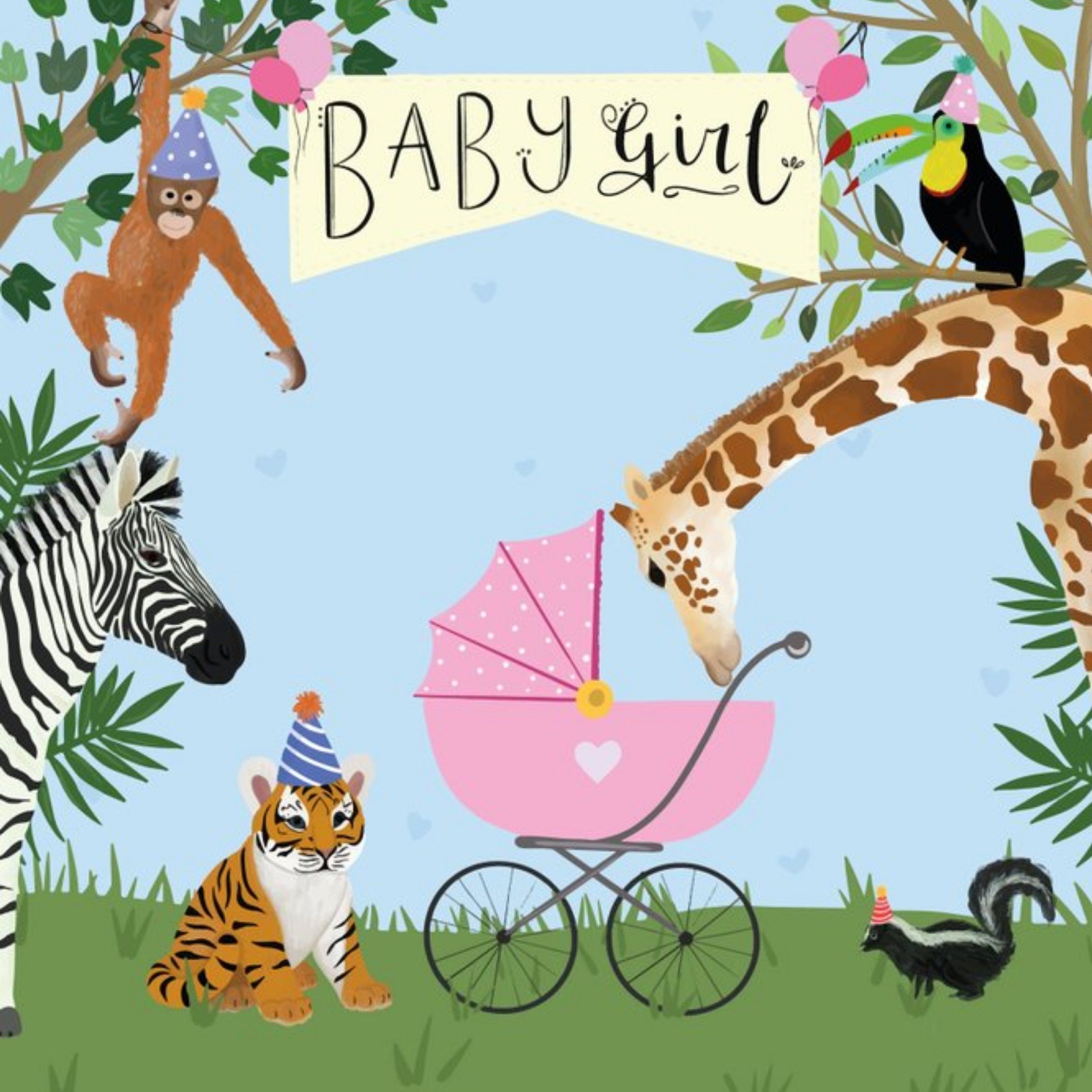 Baby Girl Zoo Animals New Baby Card, Square