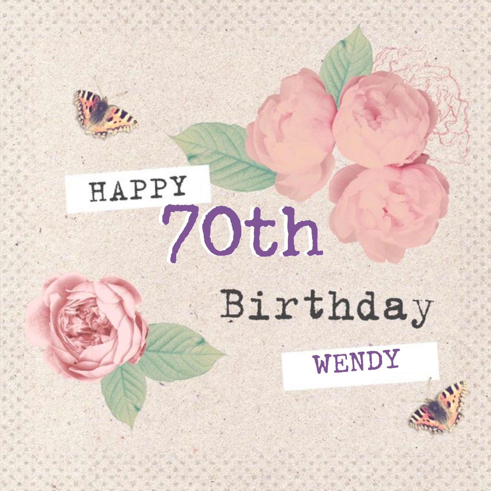 Roses And Butterflies Personalised Happy 70th Birthday Card, Square