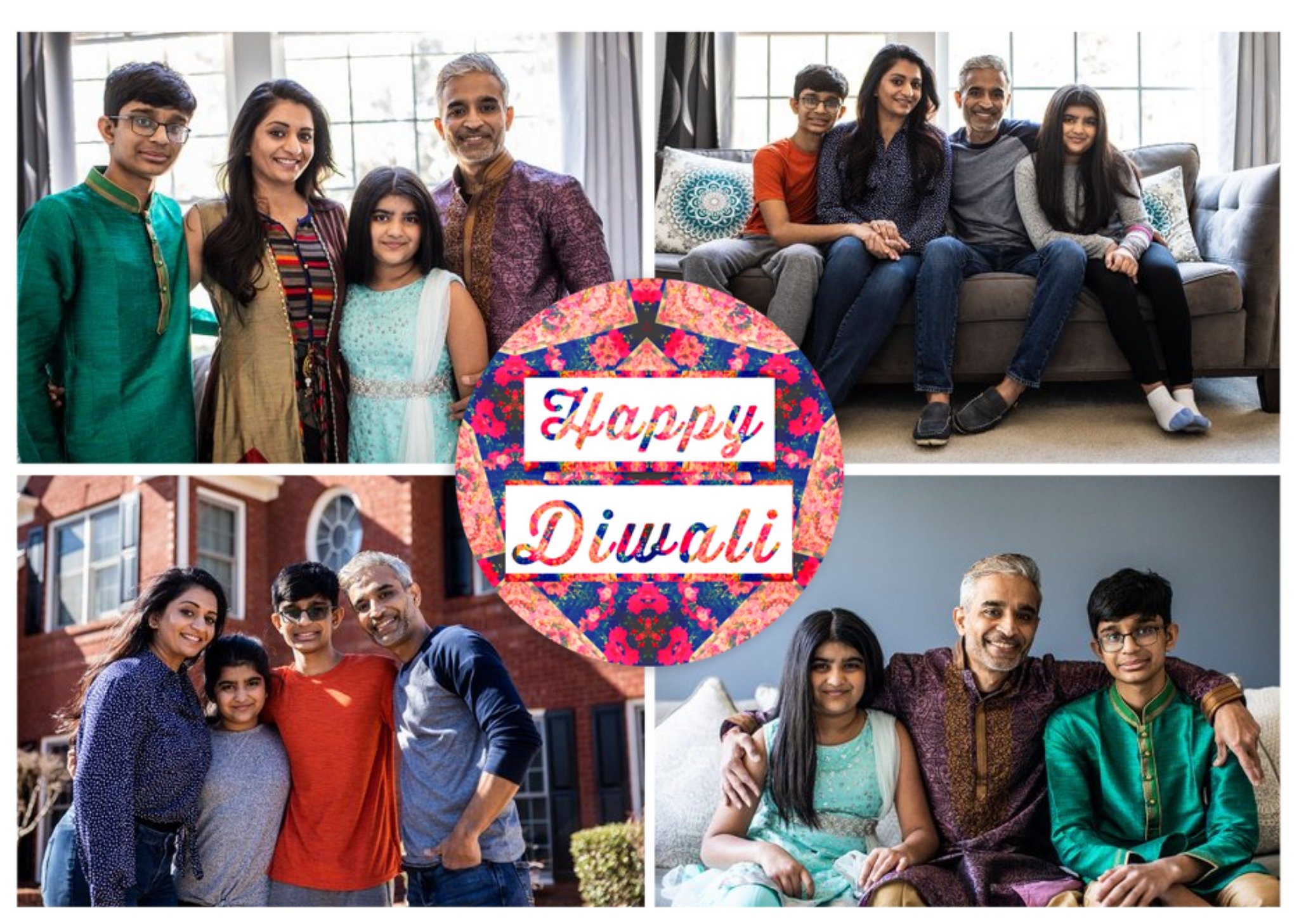 Black And White 4 Square Grid Personalised Photo Upload Happy Diwali Card Ecard