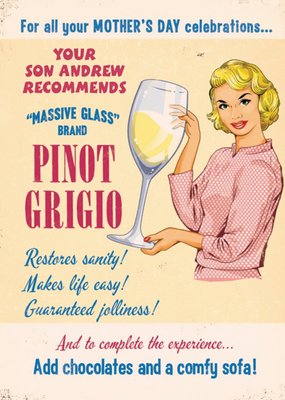 Mother's Day Card - Mum - Wine - Pinot Grigio - Funny Retro Card