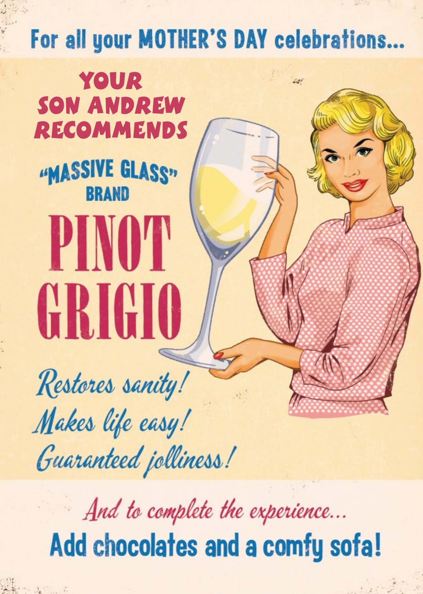 Mother's Day Card - Mum - Wine - Pinot Grigio - Funny Retro Card Ecard