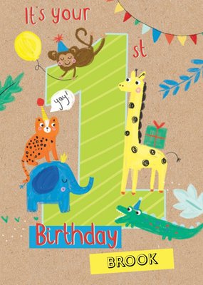 Clintons Jungle animals 1st birthday card