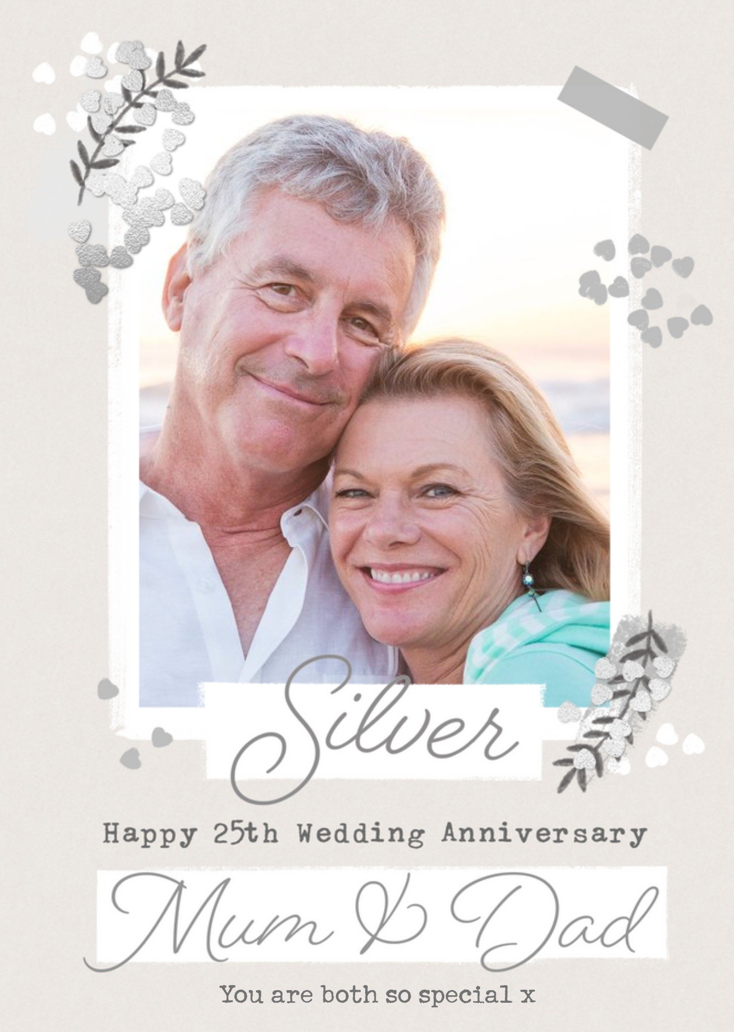Moonpig Silver 25th Anniversary Photo Upload Card For Mum & Dad, Large