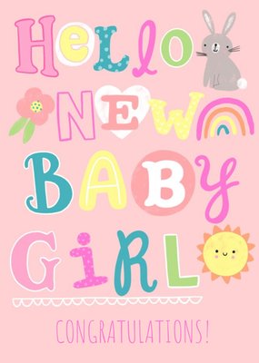 Bright Fun Illustrative Typographic Hello New Baby Girl Card