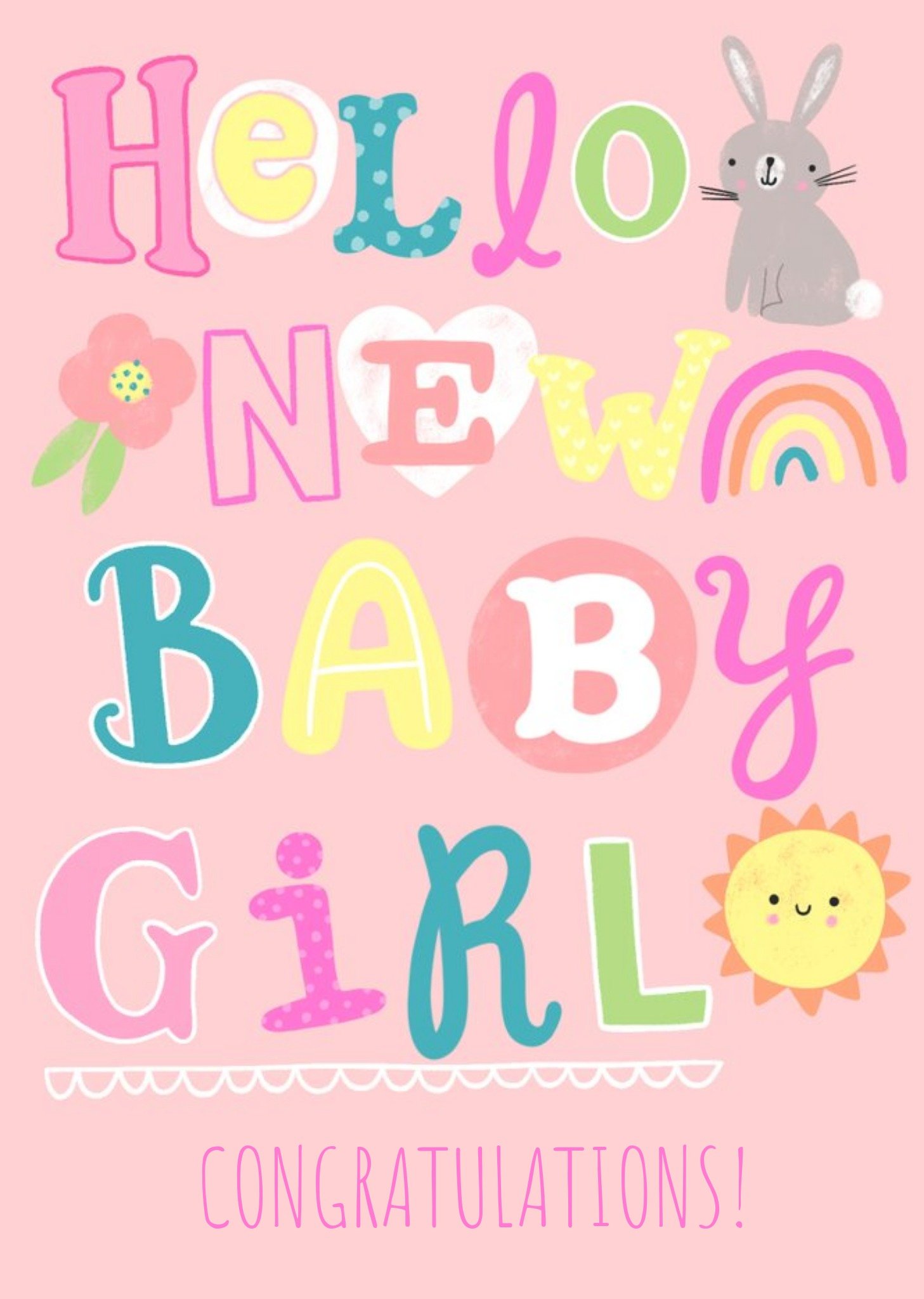 Moonpig Bright Fun Illustrative Typographic Hello New Baby Girl Card Ecard