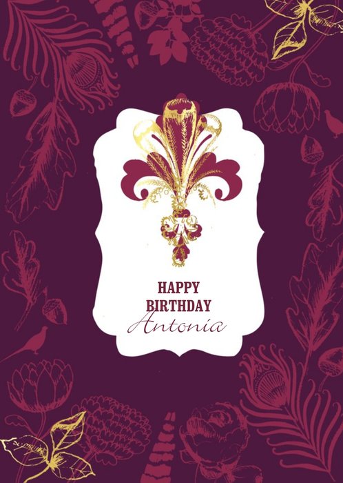 Plum Fleur De Lis Personalised Happy Birthday Card