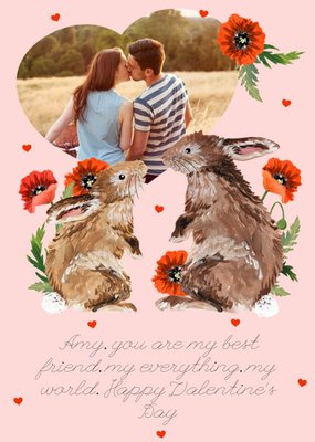 Illustration Of Two Rabbits Surrounded By Flowers Valentine's Day Photo Upload Card