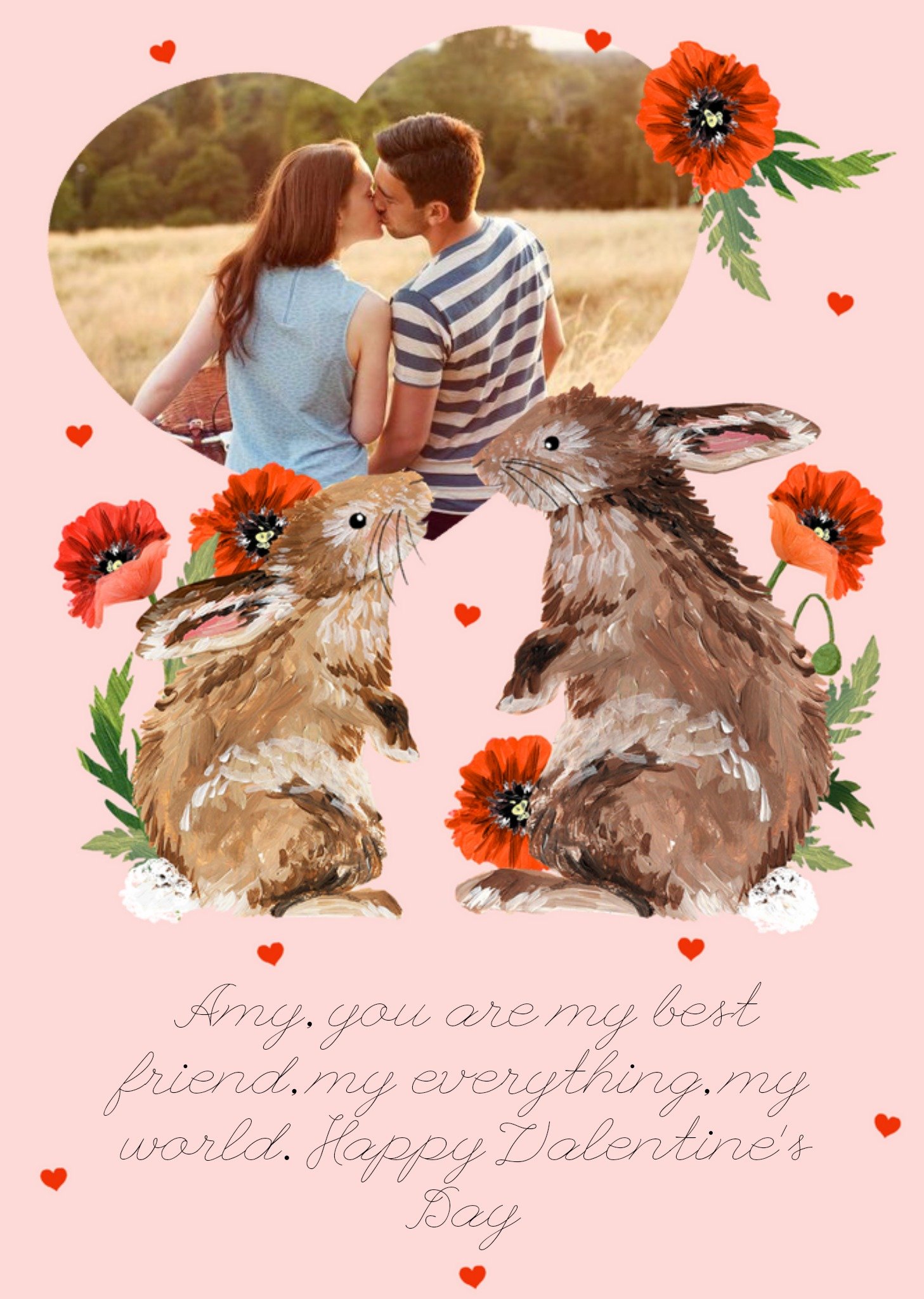 Illustration Of Two Rabbits Surrounded By Flowers Valentine's Day Photo Upload Card Ecard