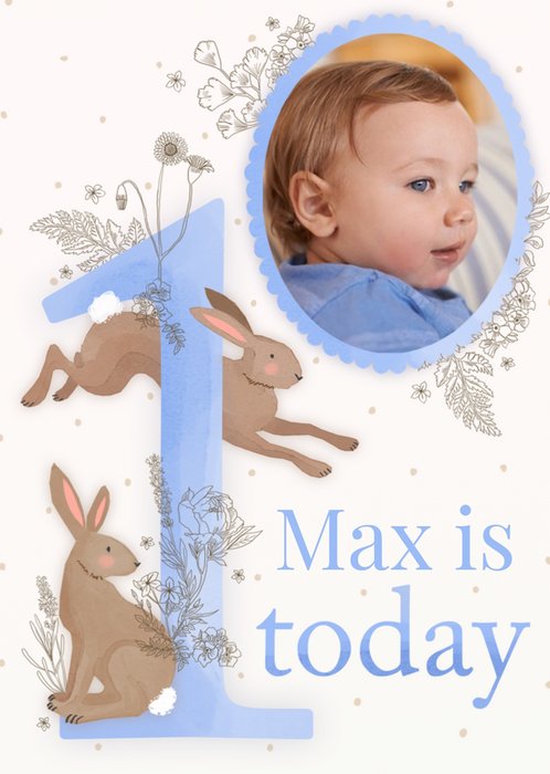 Illustrated Blue Photo Upload Floral Rabbit 1st Birthday Card