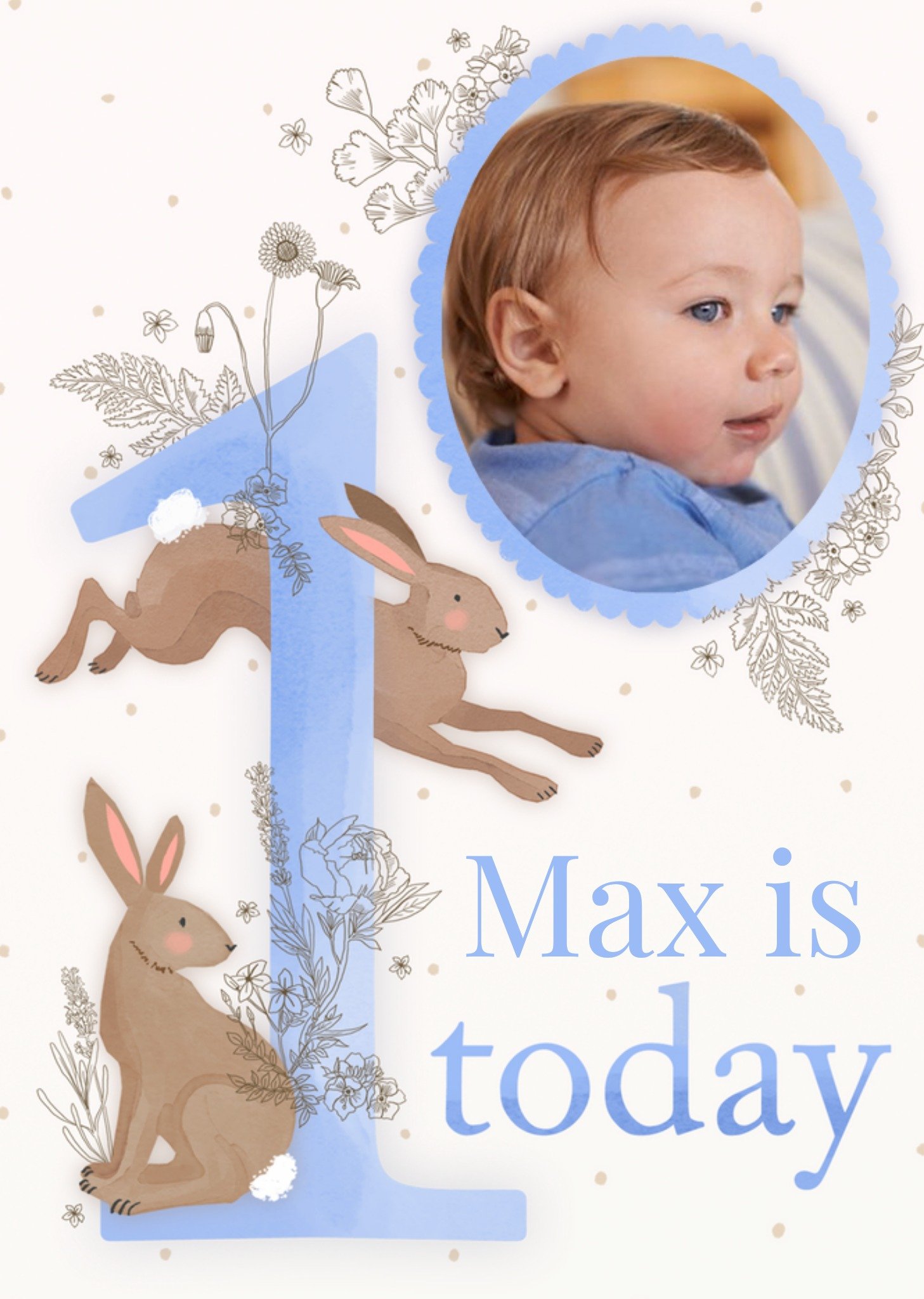 Okey Dokey Design Illustrated Blue Photo Upload Floral Rabbit 1st Birthday Card Ecard