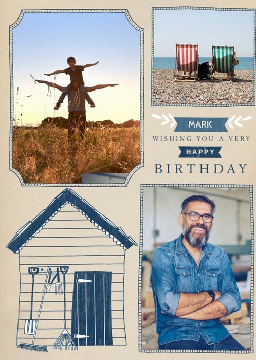 Mens birthday card - photo upload card - beach hut - seaside