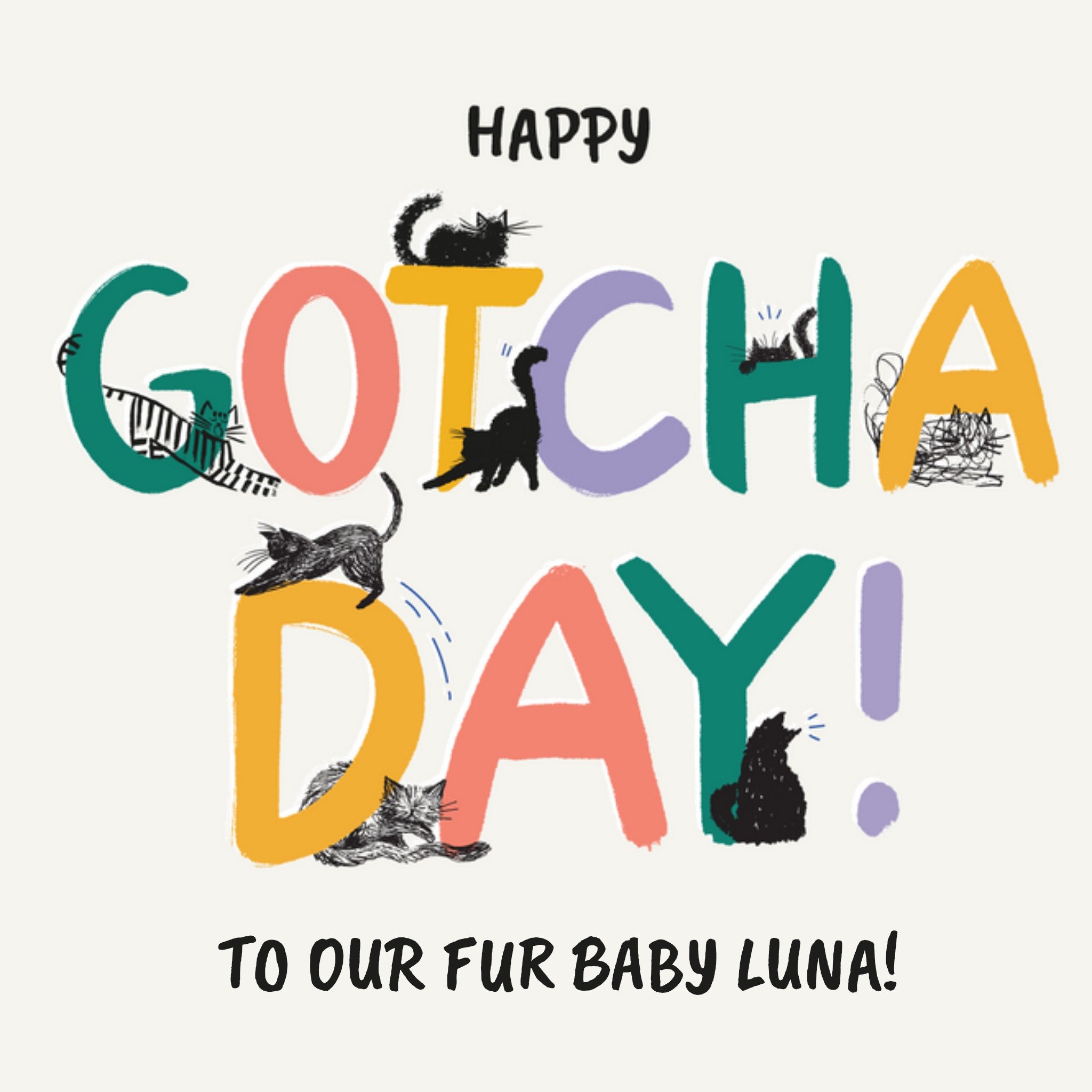 Moonpig Happy Gotcha Day To Our Fur Baby Cute Illustrated Cats Card From Battersea, Large
